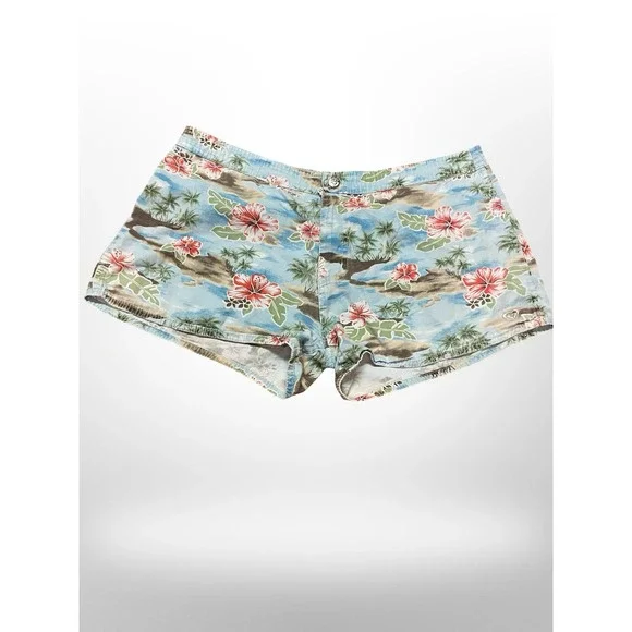Roxy Tropical Hibiscus Floral Print Denim Shorts Blue Beach Summer Womens - Picture 2 of 7